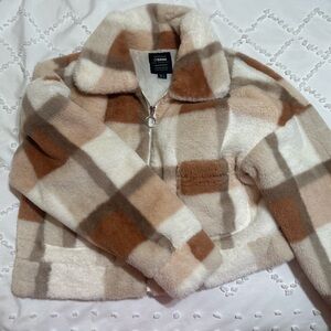 Ci Sono Checkered Faux Fur Jacket in Cream and Brown